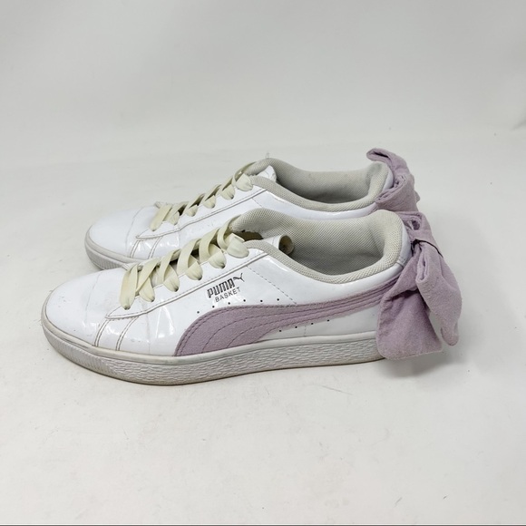 PUMA Women’s BASKET SUEDE BOW Sneakers White Patent Winsome Orchid Lavender - Picture 8 of 11